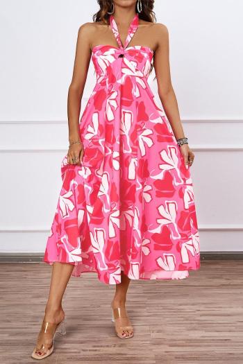 sexy non-stretch batch printing hollow halter neck backless midi dress