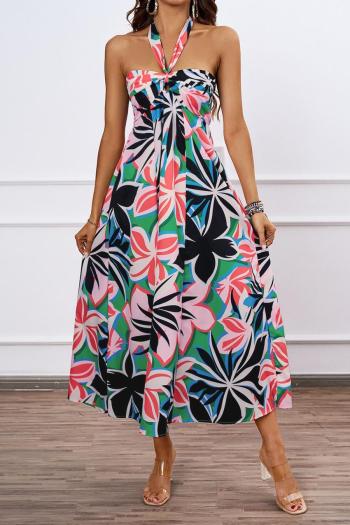 sexy non-stretch batch printing hollow halter neck backless midi dress#2
