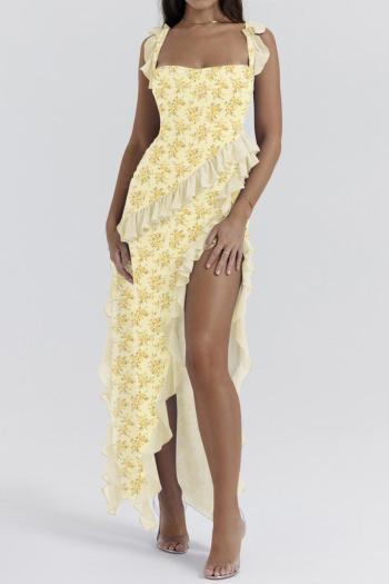 sexy stretch floral print sling high slit stringy selvedge decor maxi dress