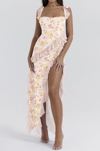 sexy stretch floral print sling high slit stringy selvedge decor maxi dress#1