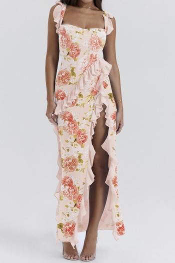 sexy stretch floral print sling high slit stringy selvedge decor maxi dress#2