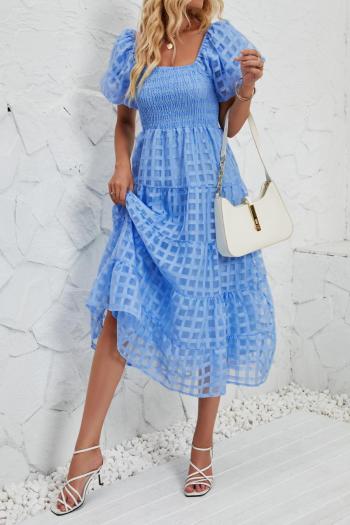 casual non-stretch 7-colors solid color pleated puff sleeve midi dress