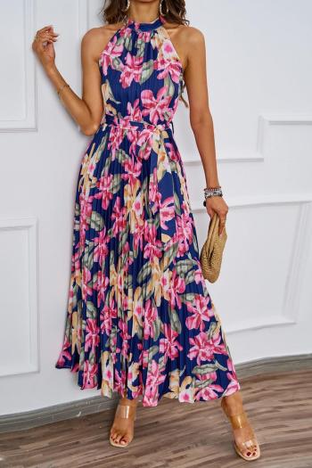 sexy non-stretch flower batch printing pleated with belt maxi dress
