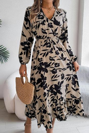 casual non-stretch 3 colors flower batch printing v-neck midi dress