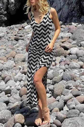 sexy slight stretch stripe knitted v-neck high slit maxi dress