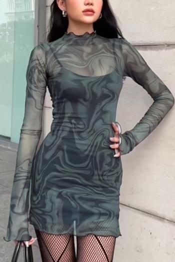 sexy slight stretch see-through mesh crew neck two-piece set mini dress
