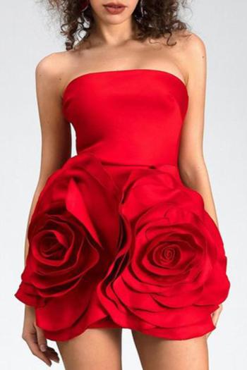 elegant slight stretch pure color 3d flower decor tube design mini dress