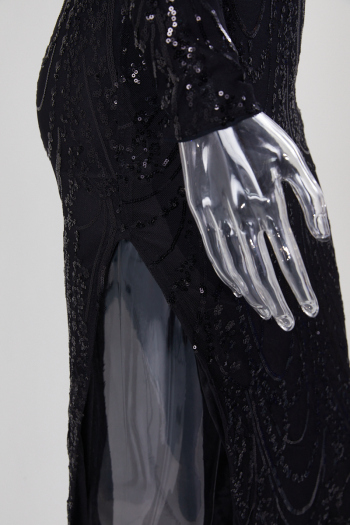 Elegant plus size slight stretch sequin padded shoulder padded maxi dress