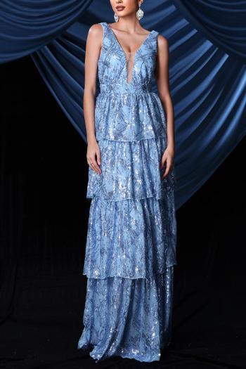 elegant slight stretch sequin mesh stitching padded v-neck backless maxi dress