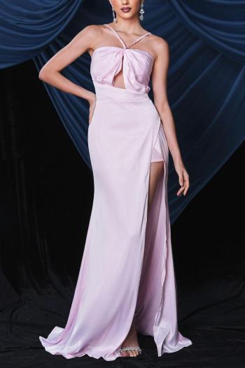 sexy elegant slight stretch pure color padded sling hollow maxi dress