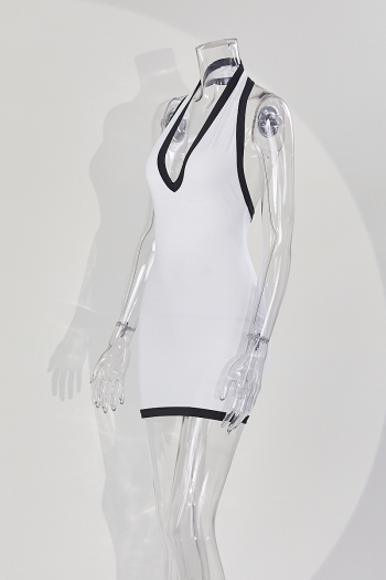 Sexy slight stretch contrast color halter-neck tight mini dress