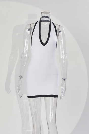 Sexy slight stretch contrast color halter-neck tight mini dress