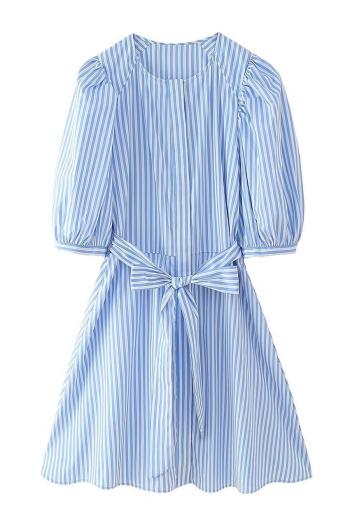 casual non-stretch stripe printing crew neck with belt mini dress