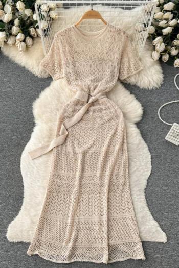 new slight stretch patchwork 4-color see through short sleeve with belt midi dress(with mini dress)