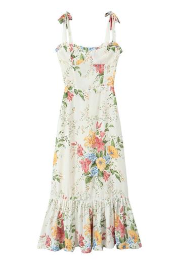 casual non-stretch flower batch printing sling lace-up midi dress size run small