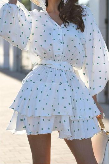 new casual slight stretch dots batch printing puff sleeves mini dress(with belt)