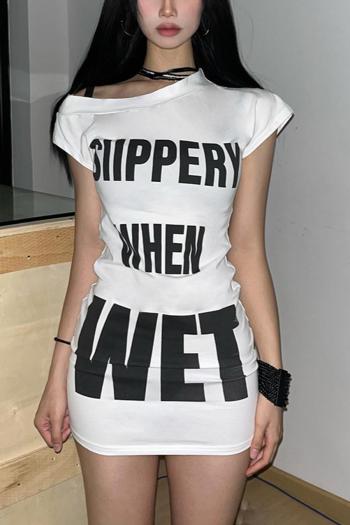 Sexy slight stretch letter fixed print obliqued neck mini dress(size run small)