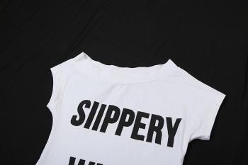 Sexy slight stretch letter fixed print obliqued neck mini dress(size run small)