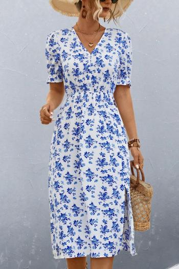 casual non-stretch floral batch printing v-neck slit midi dress