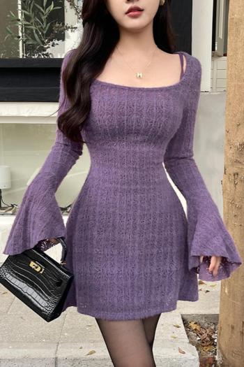 Stylish slight stretch knitted pure color bell-sleeve with lined mini dress