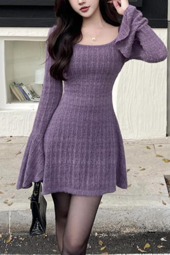 Stylish slight stretch knitted pure color bell-sleeve with lined mini dress