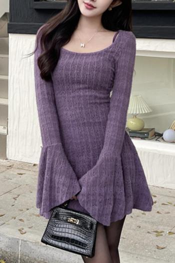 Stylish slight stretch knitted pure color bell-sleeve with lined mini dress