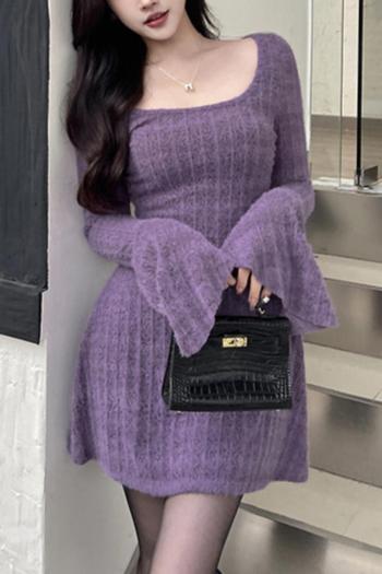 Stylish slight stretch knitted pure color bell-sleeve with lined mini dress