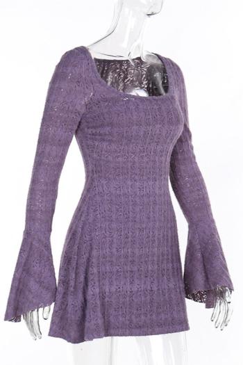 Stylish slight stretch knitted pure color bell-sleeve with lined mini dress