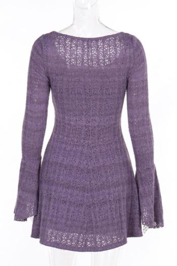 Stylish slight stretch knitted pure color bell-sleeve with lined mini dress