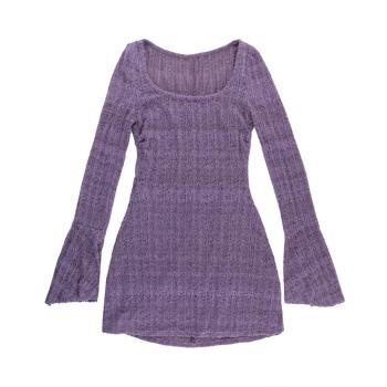 Stylish slight stretch knitted pure color bell-sleeve with lined mini dress