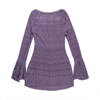 Stylish slight stretch knitted pure color bell-sleeve with lined mini dress