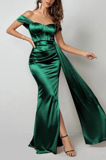 new plus-size slight stretch padded 4-color satin one shoulder slit maxi dress