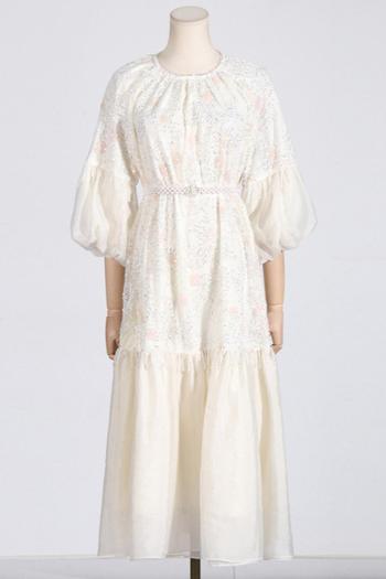 casual non-stretch pearl belt crew neck puff sleeve midi dress