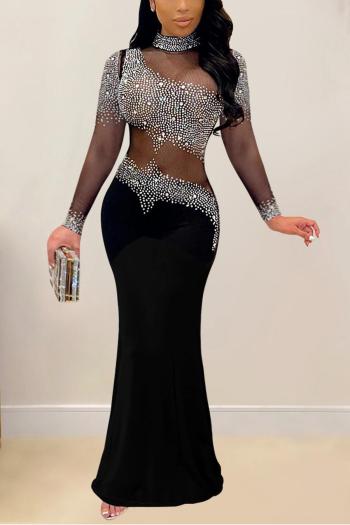 sexy plus size slight stretch rhinestone hollow see through maxi dress