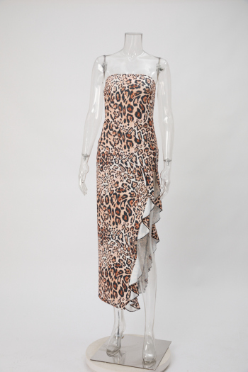 Sexy slight stretch leopard printing tube design slit midi dress