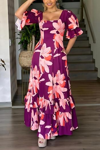 casual slight stretch square neck flower batch printing maxi dress