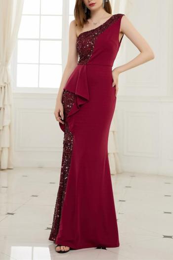 elegant non-stretch one-shoulder sequins patchwork maxi evening dress
