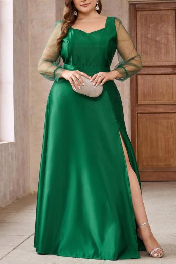 elegant plus size non-stretch satin patchwork high slit maxi evening dress