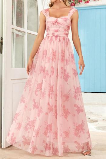 elegant non-stretch sling batch printing pleated maxi dress