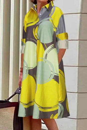 casual plus size slight stretch contrast color printing lapel midi dress