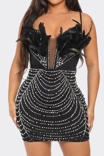 sexy plus size slight stretch feather rhinestone decor slim sling mini dress
