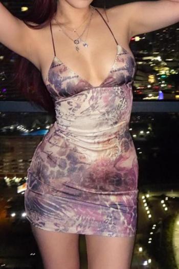 New sexy slight stretch spots batch printing backless bow suspender mini dress
