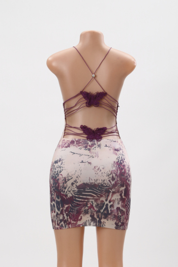 New sexy slight stretch spots batch printing backless bow suspender mini dress