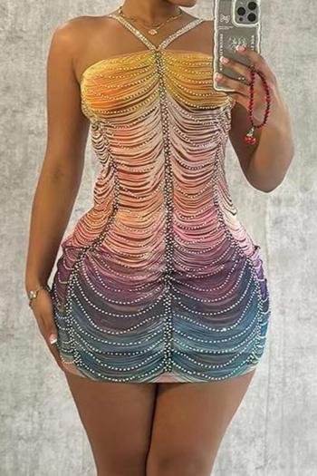 sexy plus size slight stretch rhinestone decor sling multicolor mini dress