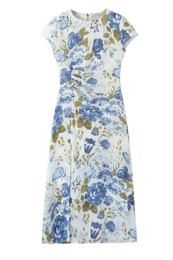 casual non-stretch flower batch printing high slit shirring midi dress