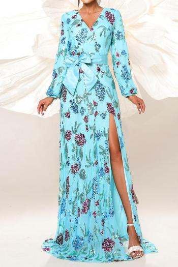 elegant slight stretch sequin padded with lined high slit belt maxi dress