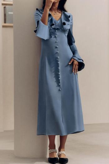 casual non-stretch satin v-neck ruffle solid color midi dress