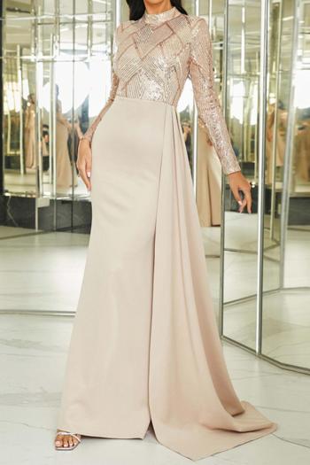 Elegant plus size slight stretch sequin padded long ribbon maxi dress