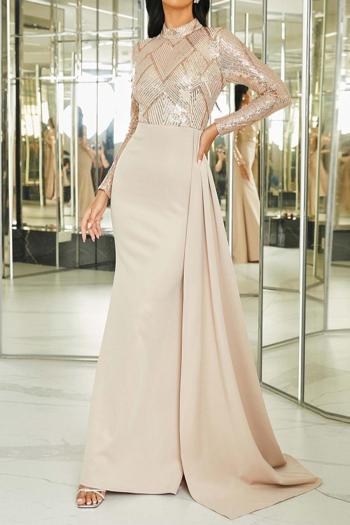 Elegant plus size slight stretch sequin padded long ribbon maxi dress
