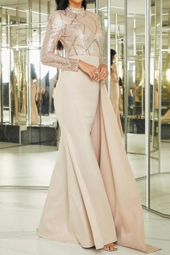 Elegant plus size slight stretch sequin padded long ribbon maxi dress